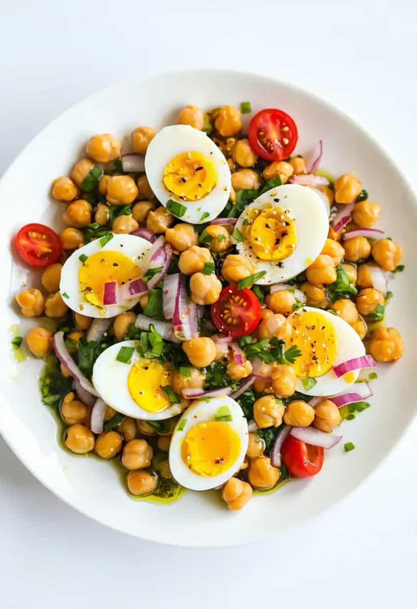 Foto deliciosa de Salada de Grão-de-bico com Ovo de Codorna pronta para servir - Saladas