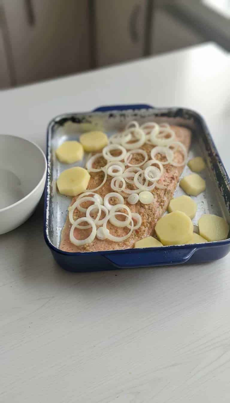 Foto deliciosa de Salmão ao Forno com Batata e Cebola pronta para servir - Peixes & Frutos do Mar