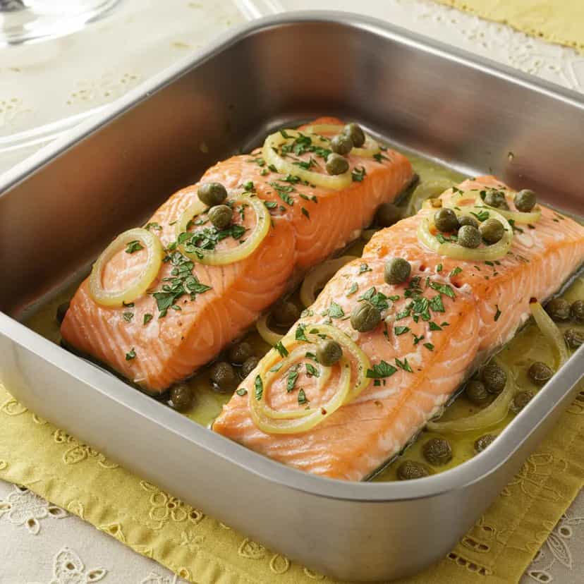 Foto deliciosa de Salmão ao Limão com Alcaparras pronta para servir - Peixes & Frutos do Mar
