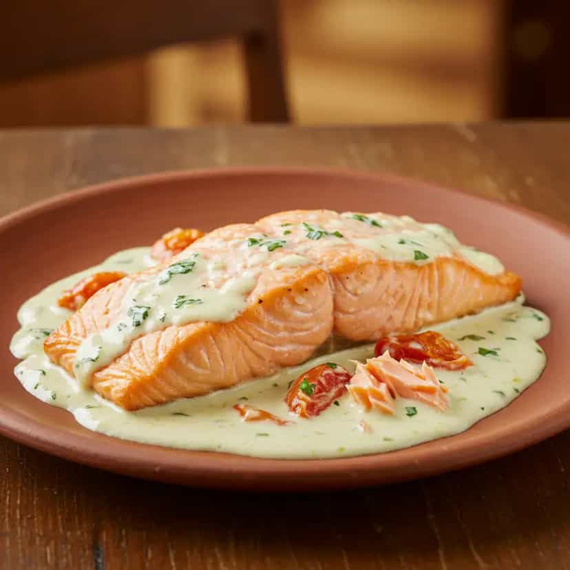 Foto deliciosa de Salmão ao Molho Branco com Requeijão pronta para servir - Peixes & Frutos do Mar