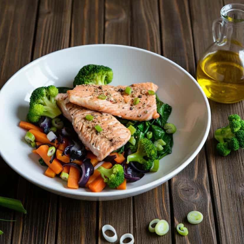Foto deliciosa de Salmão ao Molho de Cebola e Batata pronta para servir - Peixes & Frutos do Mar