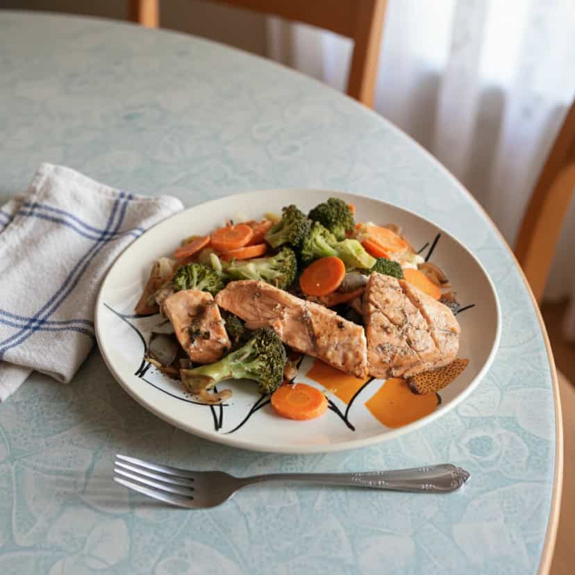 Foto deliciosa de Salmão Assado com Alho e Alho-Poró pronta para servir - Peixes & Frutos do Mar