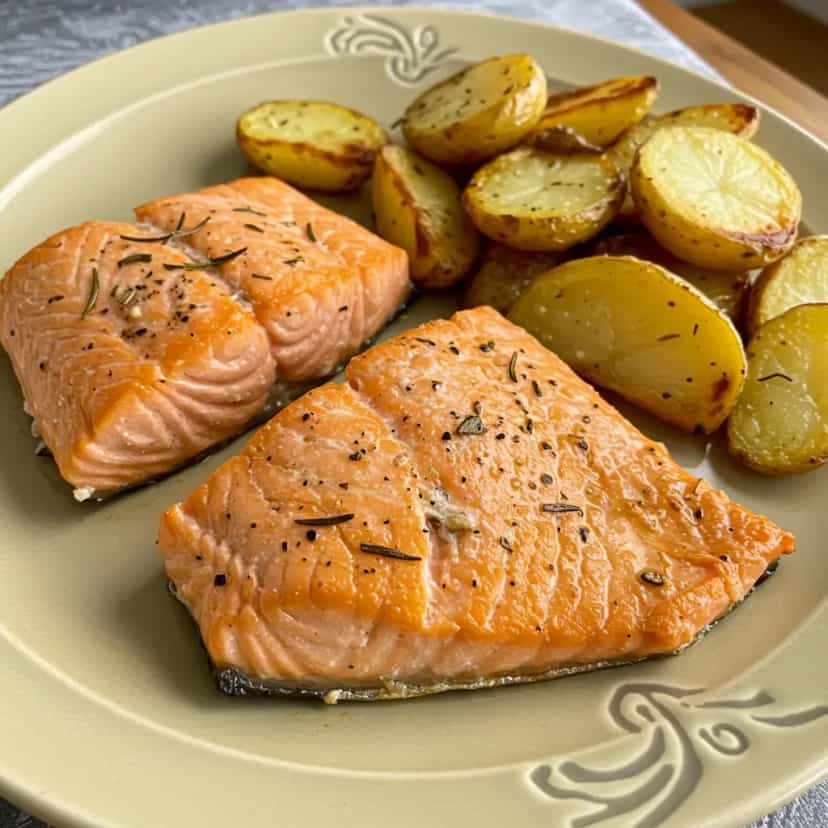 Foto deliciosa de Salmão assado com batatas ao alecrim pronta para servir - Peixes & Frutos do Mar