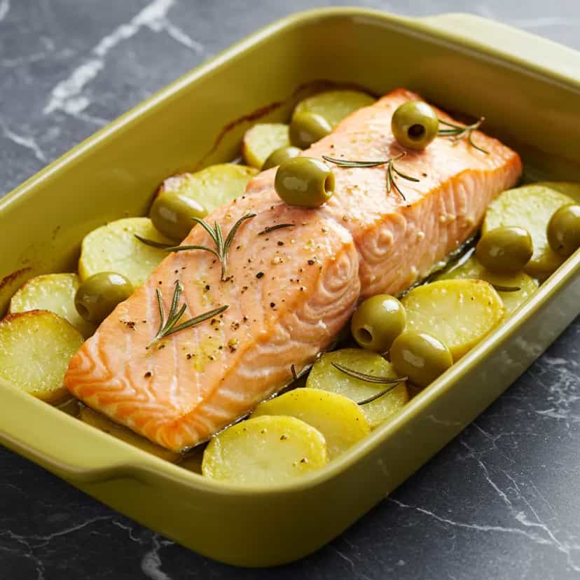 Foto deliciosa de Salmão assado com batatas e cebola pronta para servir - Peixes & Frutos do Mar