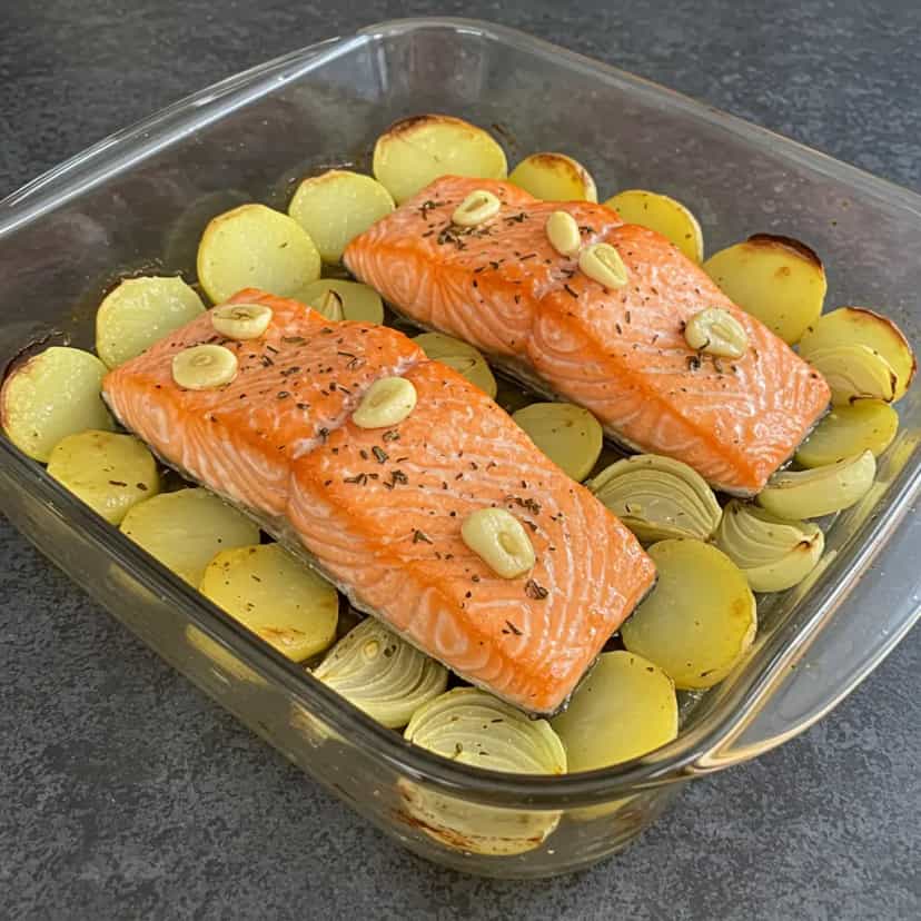 Foto deliciosa de Salmão assado com batatas e laranja pronta para servir - Peixes & Frutos do Mar