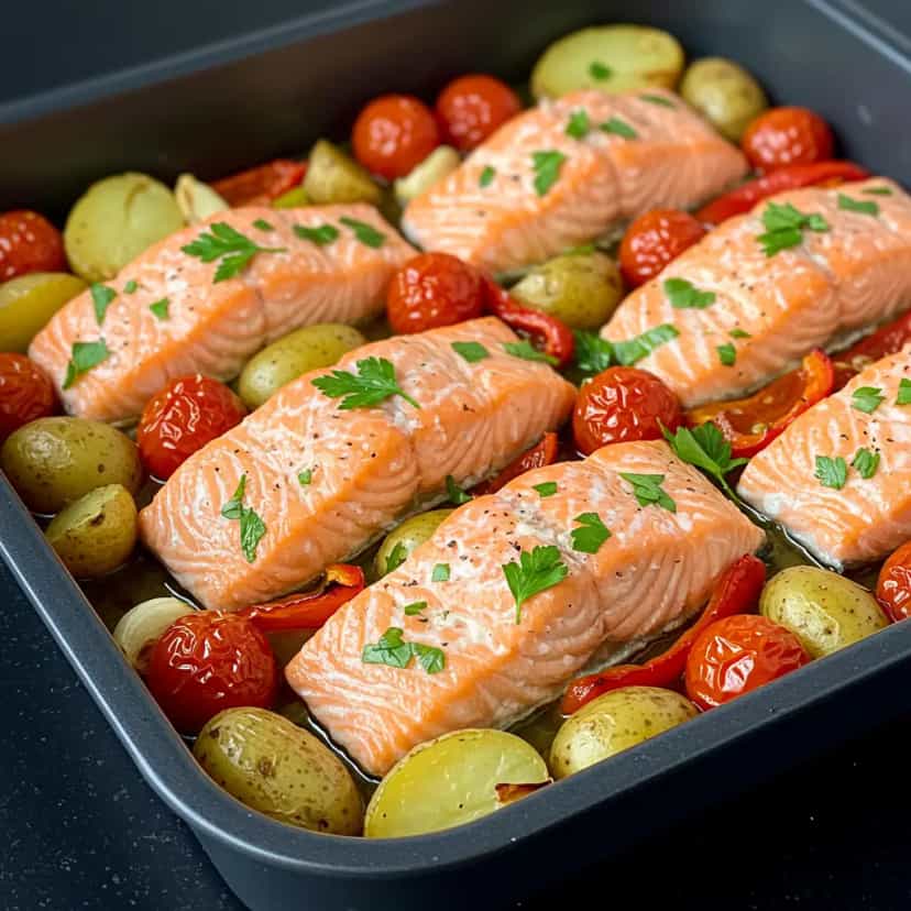 Foto deliciosa de Salmão assado com Batatas e Legumes pronta para servir - Peixes & Frutos do Mar