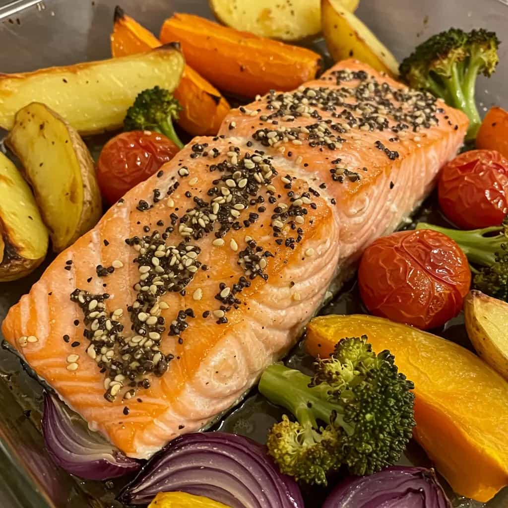 Salmão assado com legumes