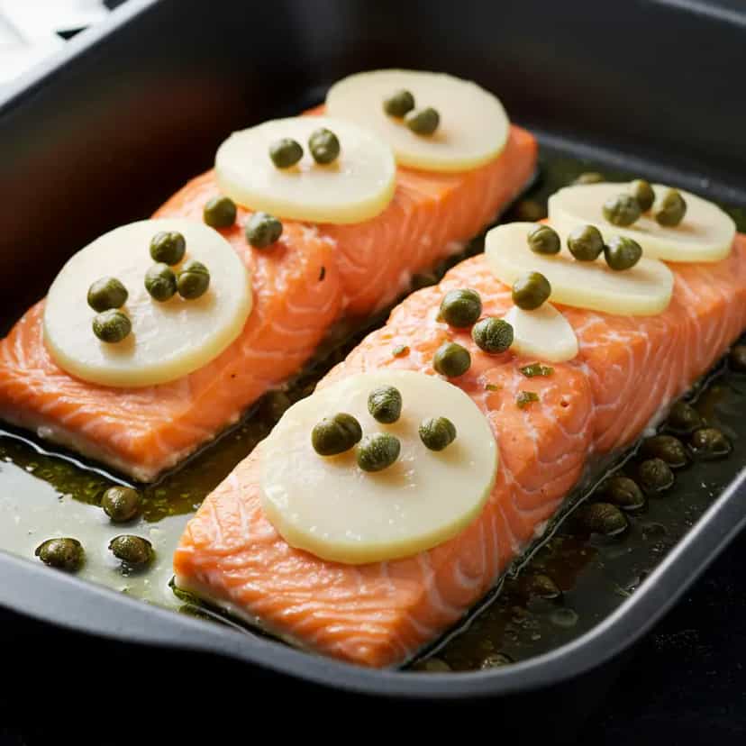 Foto deliciosa de Salmão com Alcaparras e Palmito pronta para servir - Peixes & Frutos do Mar
