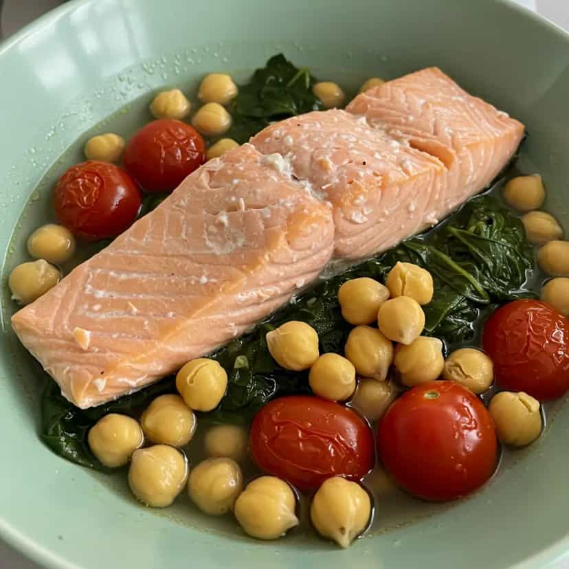 Foto deliciosa de Salmão com Grão-de-Bico em Água pronta para servir - Peixes & Frutos do Mar