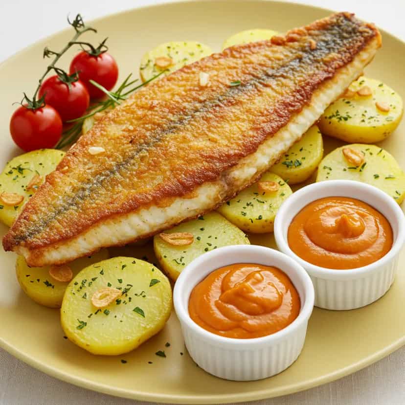 Foto deliciosa de Salmão Crocante com Molho de Muqueca pronta para servir - Peixes & Frutos do Mar