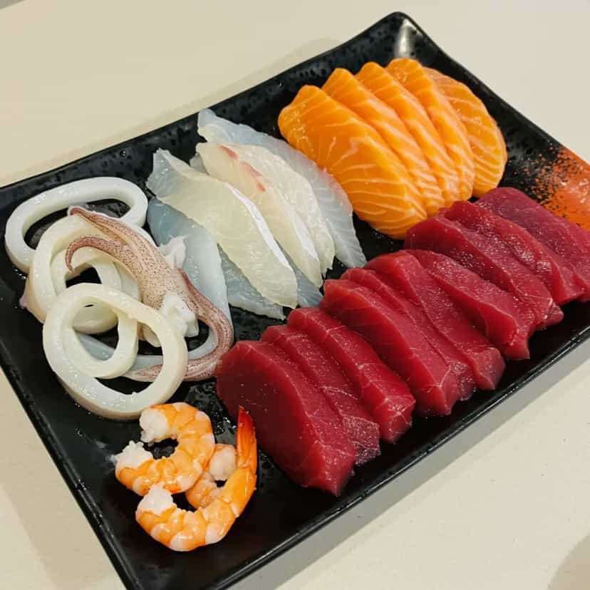 Foto deliciosa de Sashimi de Salmão, Linguado e Atum pronta para servir - Peixes & Frutos do Mar