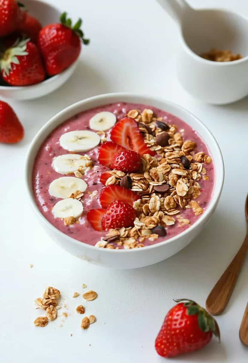 Foto deliciosa de Smoothie Bowl de Morango com Granola pronta para servir - Outras Receitas