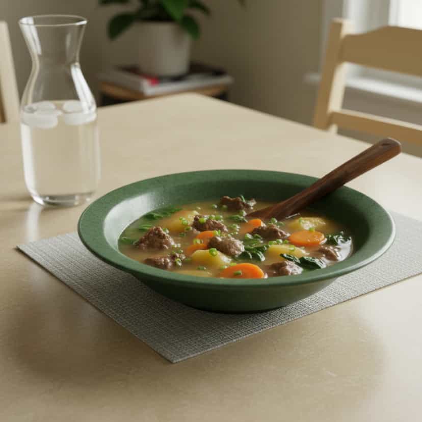 Foto deliciosa de Sopa Cremosa de Mandioca com Carne pronta para servir - Sopas & Caldos