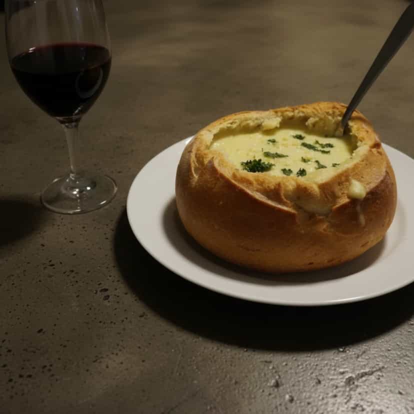 Foto deliciosa de Sopa cremosa de palmito gratinada pronta para servir - Sopas & Caldos