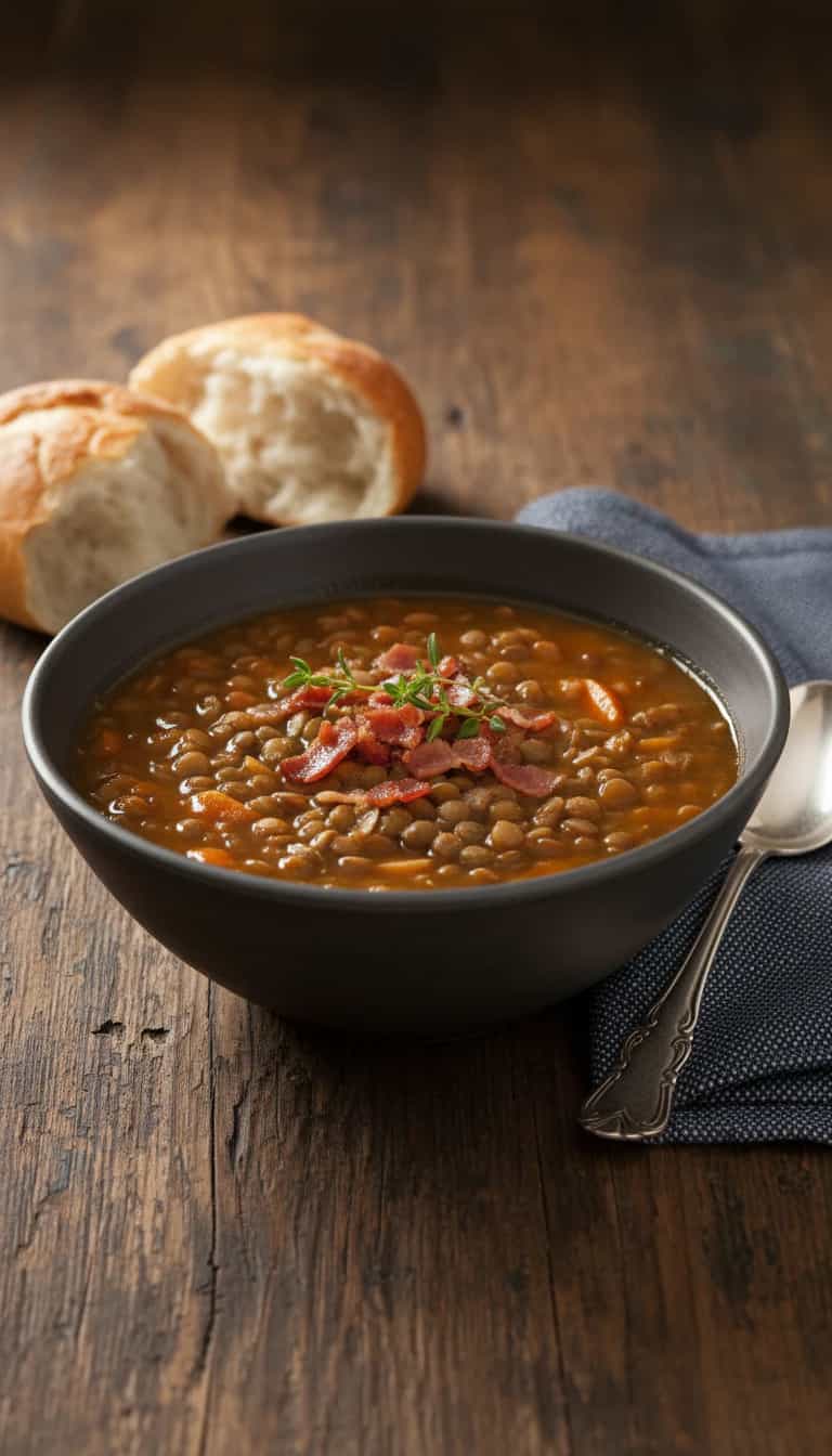 Foto deliciosa de Sopa de Lentilha com Calabresa e Bacon pronta para servir - Sopas & Caldos