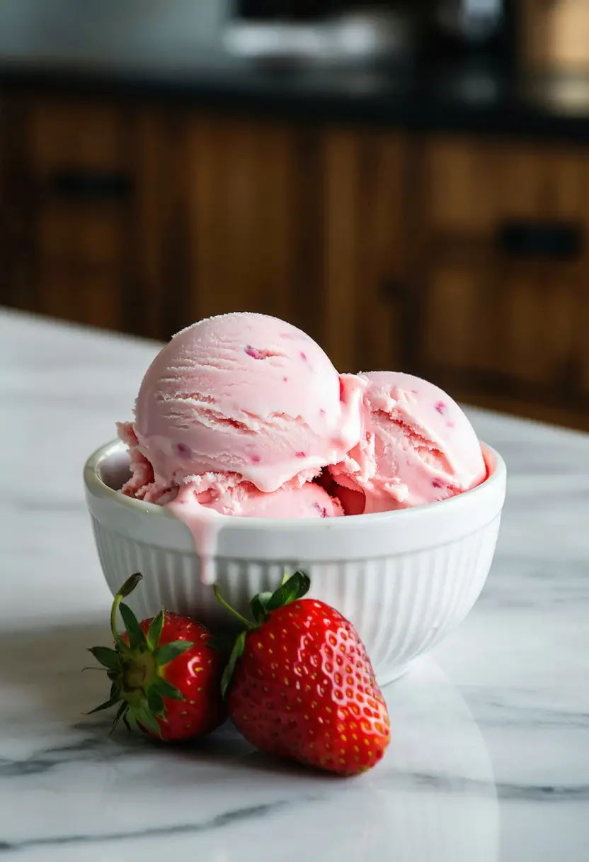 Foto deliciosa de Sorvete de Morango Simples pronta para servir - Doces Gelados & Sorvetes