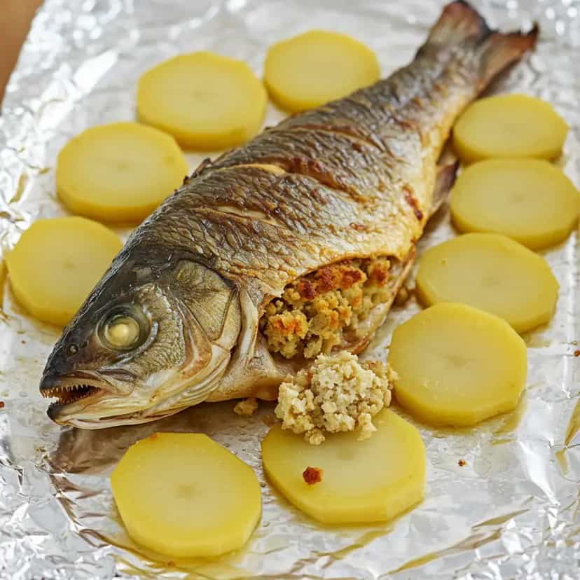 Foto deliciosa de Taínha recheada assada pronta para servir - Peixes & Frutos do Mar