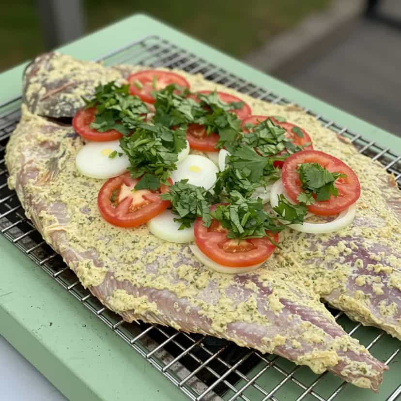 Foto deliciosa de Tainha Recheada na Brasa pronta para servir - Peixes & Frutos do Mar