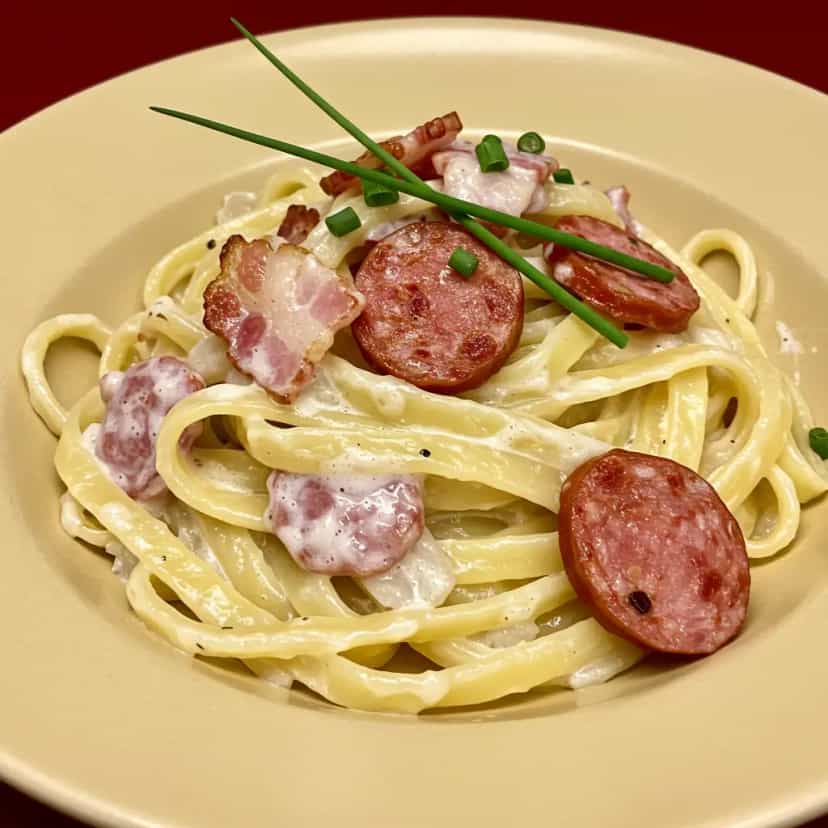 Foto deliciosa de Talharim cremoso com Calabresa e Bacon pronta para servir - Massas & Macarrão