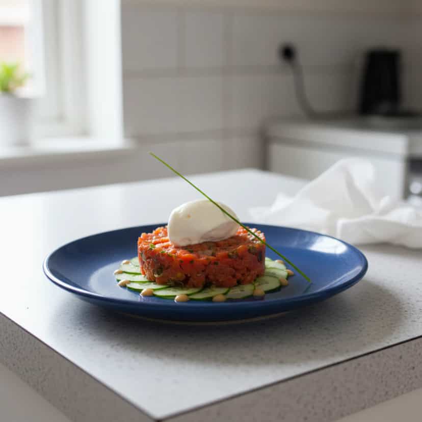 Foto deliciosa de Tartar de Salmão com Alcaparras pronta para servir - Salgadinhos