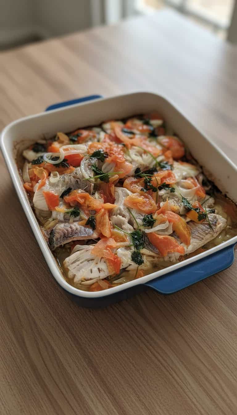 Foto deliciosa de Tilápia ao Molho de Cebola e Tomate pronta para servir - Peixes & Frutos do Mar