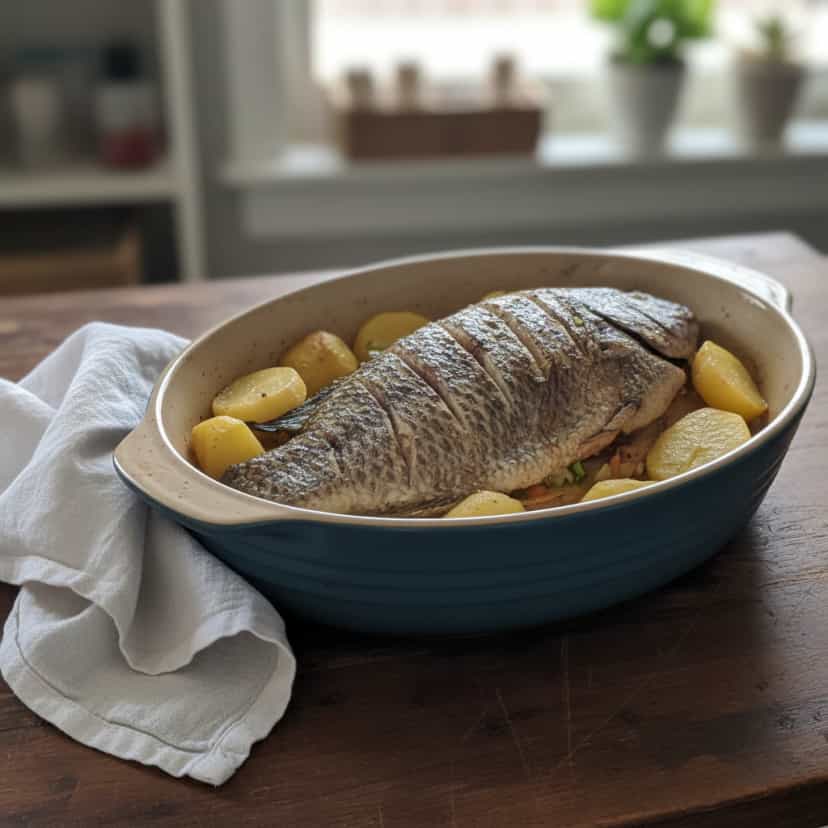 Foto deliciosa de Tilápia assada com batatas ao forno pronta para servir - Outras Receitas