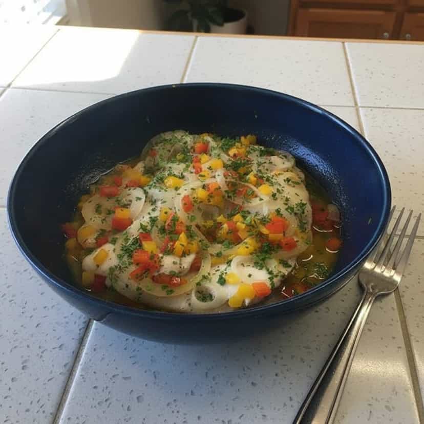 Foto deliciosa de Tilápia cozida com batatas e pimentões pronta para servir - Peixes & Frutos do Mar