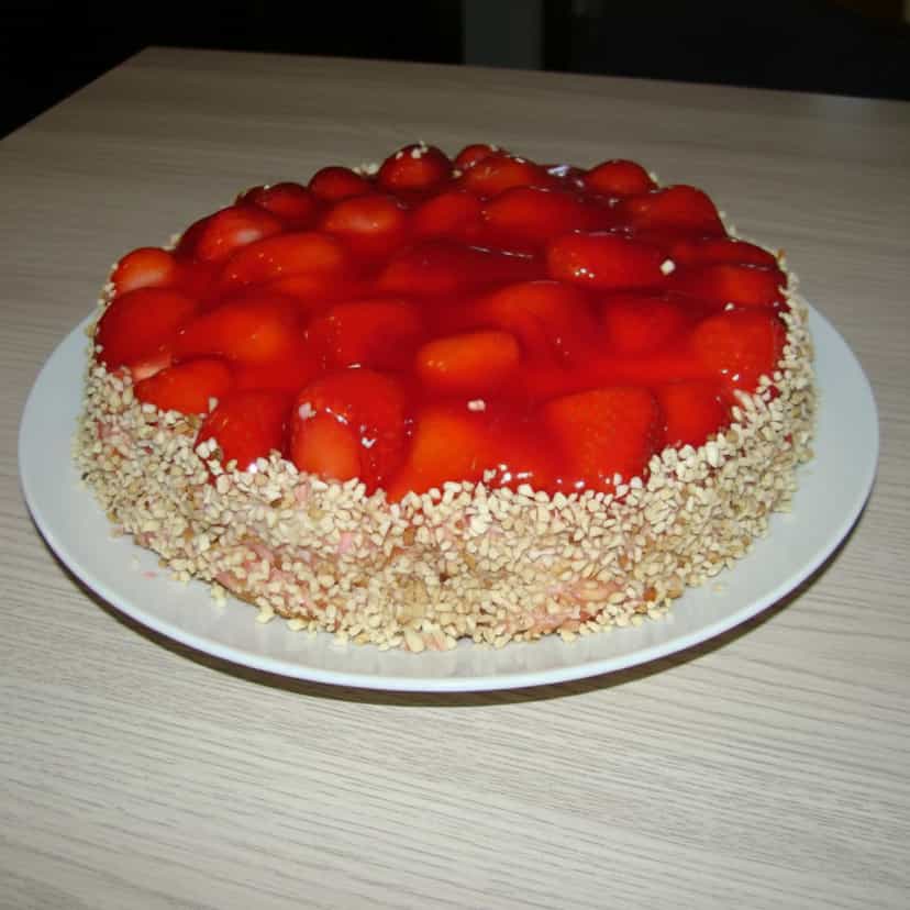Foto deliciosa de Torta Cremosa de Morango com Castanhas pronta para servir - Tortas & Tortinhas