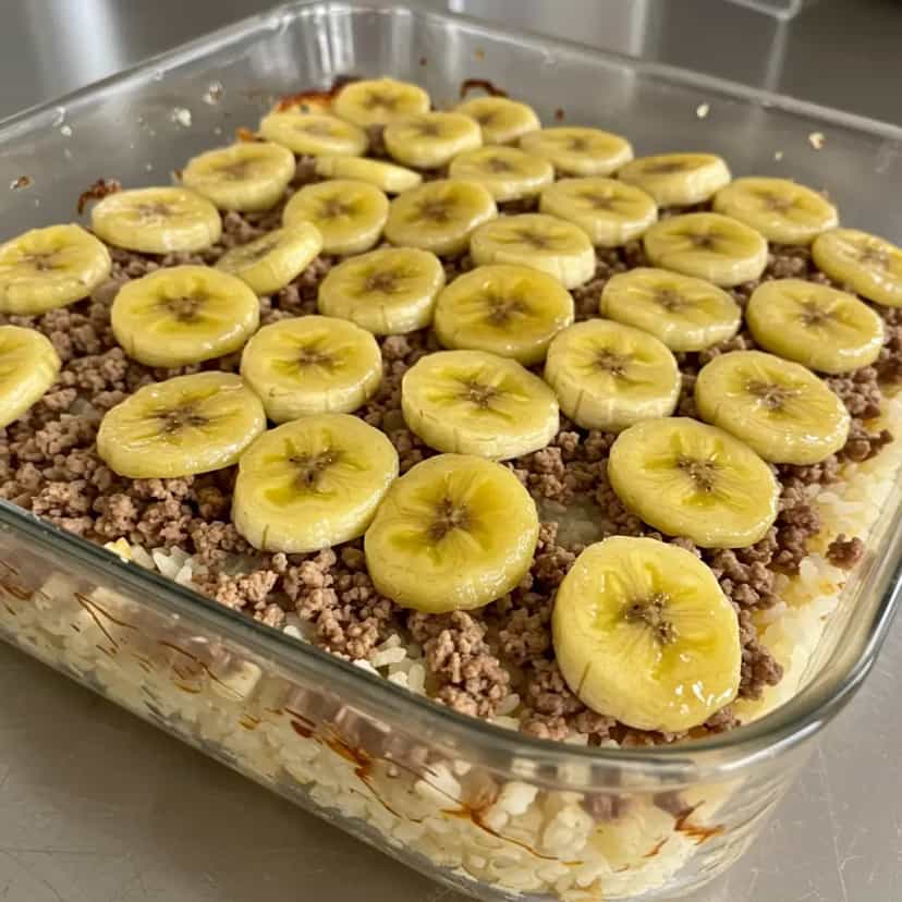 Foto deliciosa de Torta de Arroz, Carne Moída e Banana pronta para servir - Tortas Salgadas