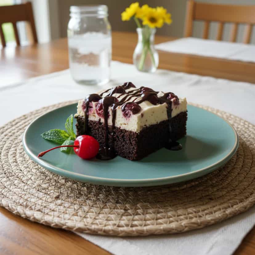 Foto deliciosa de Torta Gelada de Brownie com Cerejas pronta para servir - Tortas & Tortinhas