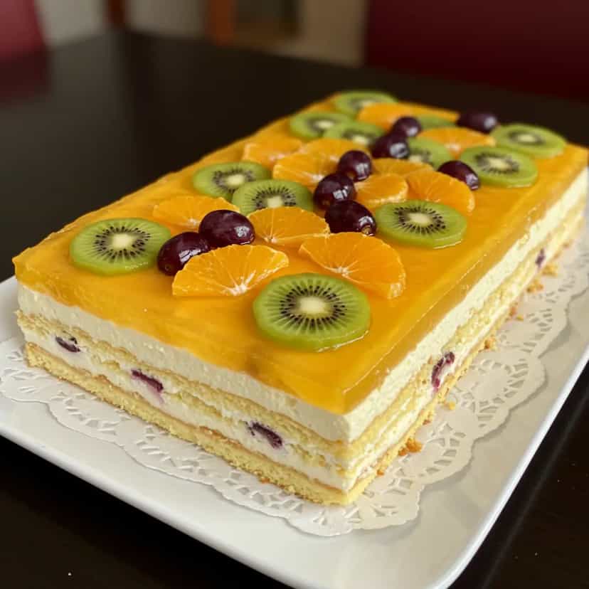 Foto deliciosa de Torta Gelada de Laranja e Frutas pronta para servir - Tortas & Tortinhas