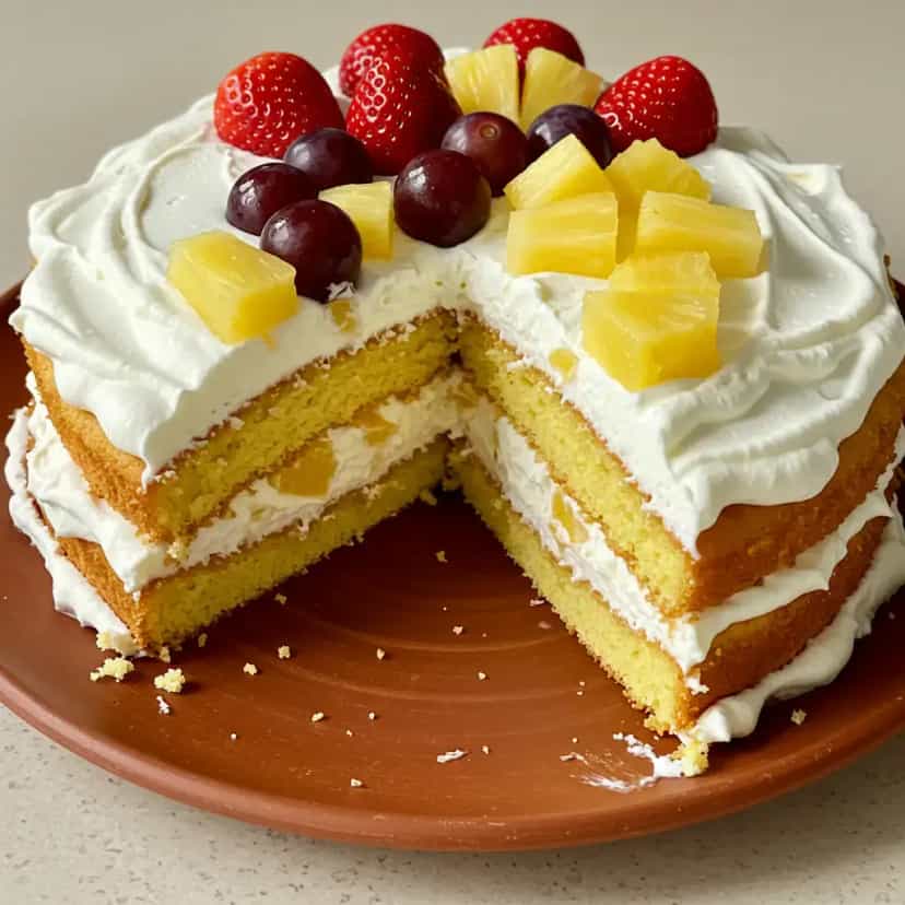 Foto deliciosa de Torta Tropical de Frutas pronta para servir - Tortas & Tortinhas
