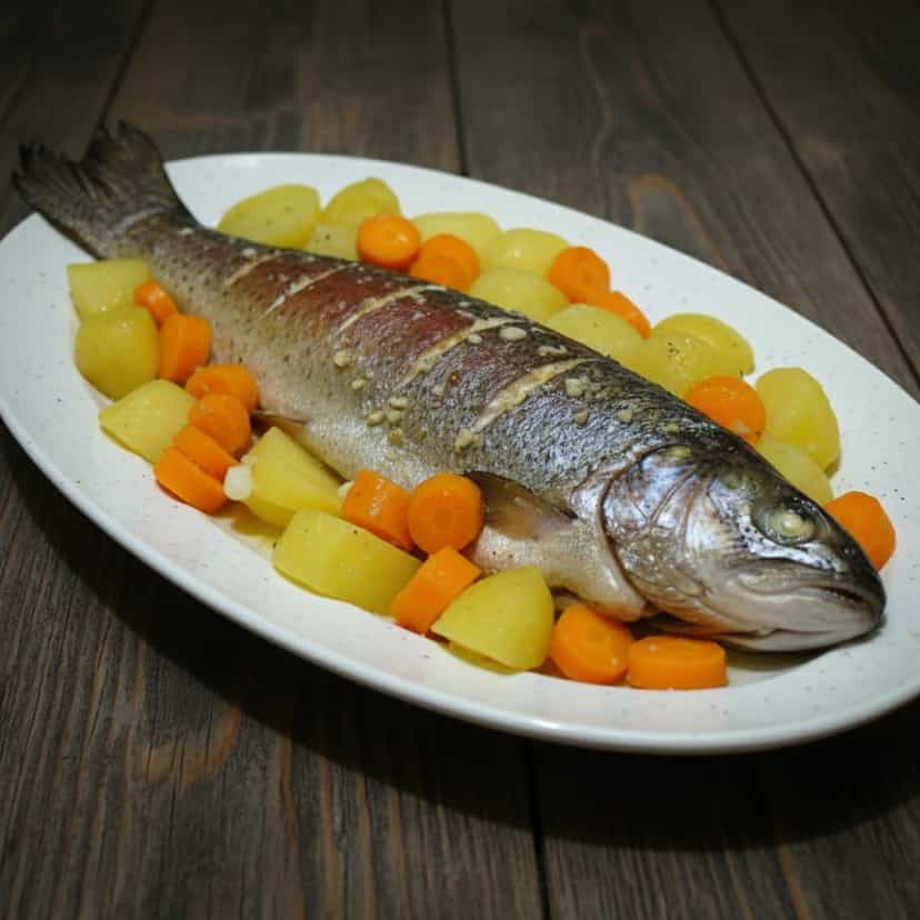 Foto deliciosa de Truta ao Forno com Legumes pronta para servir - Peixes & Frutos do Mar