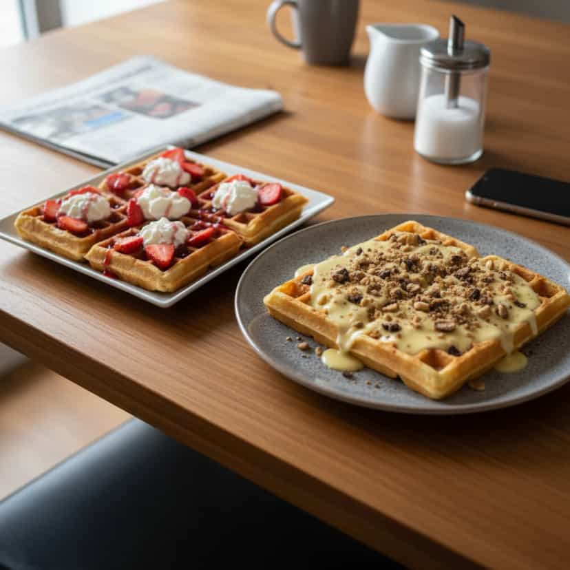 Foto deliciosa de Waffles de Manga e Framboesa pronta para servir - Panquecas & Waffles