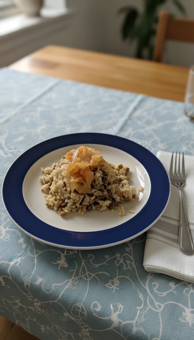 Arroz com lentilha e cebola dourada