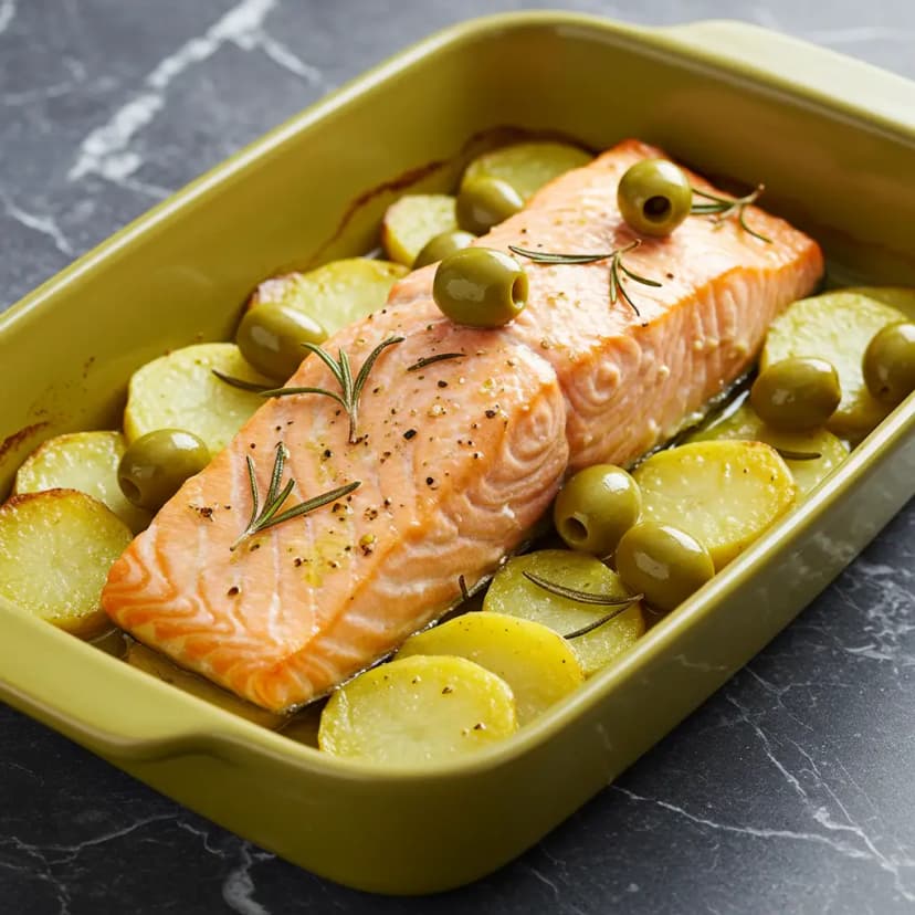 Salmão assado com batatas e cebola