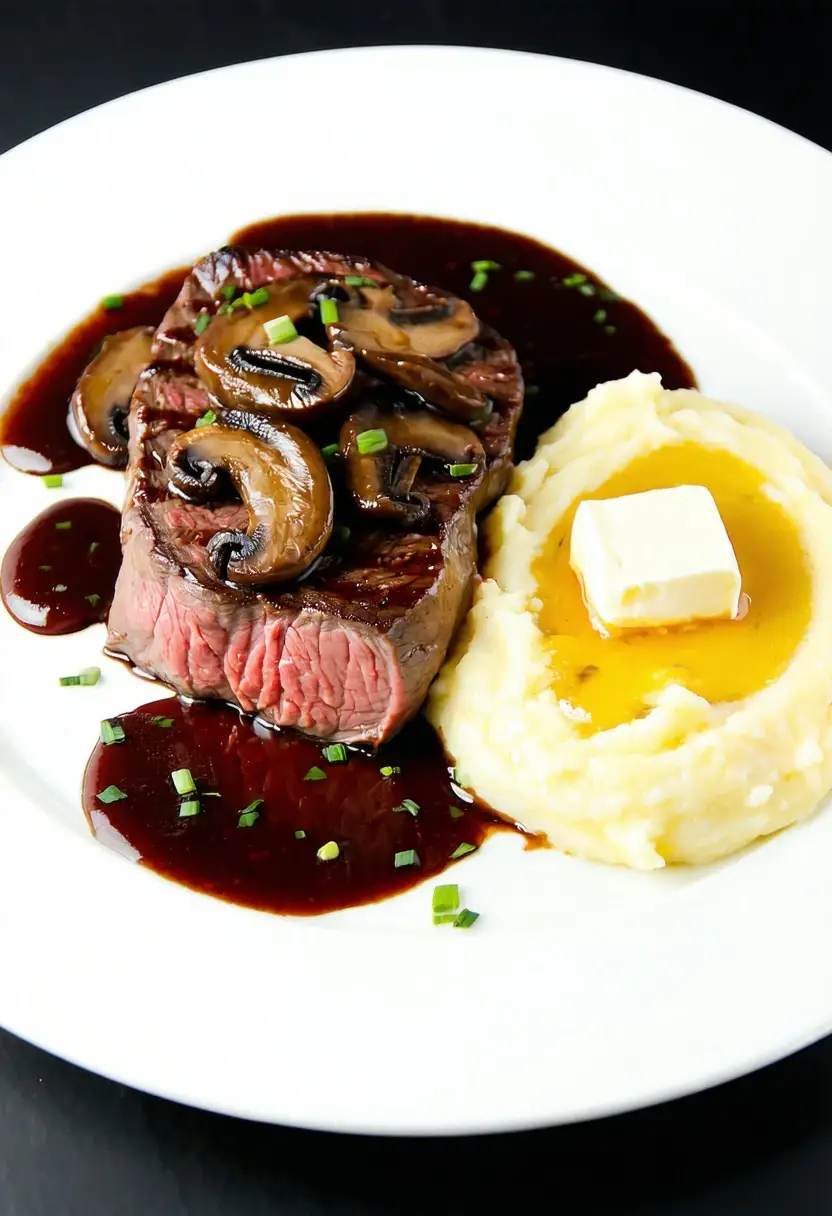 Bife ao Molho Madeira com Purê