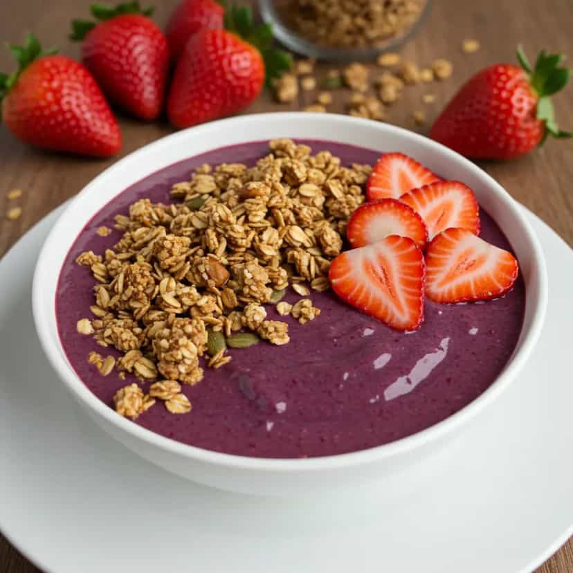 Foto deliciosa de Açaí com Frutas e Granola pronta para servir - Snacks Naturais
