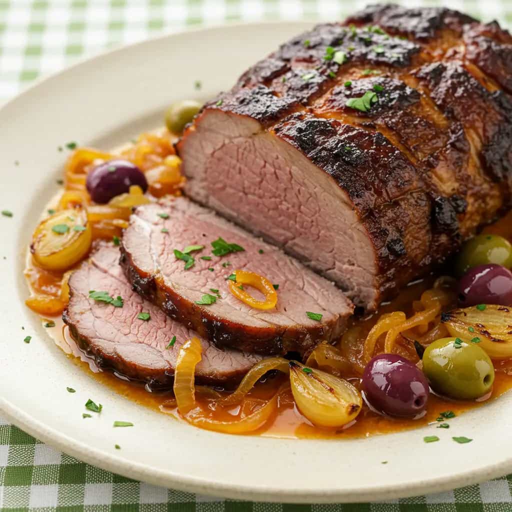 Alcatra com Azeitonas, Amêndoas e Molho de Vinho Tinto