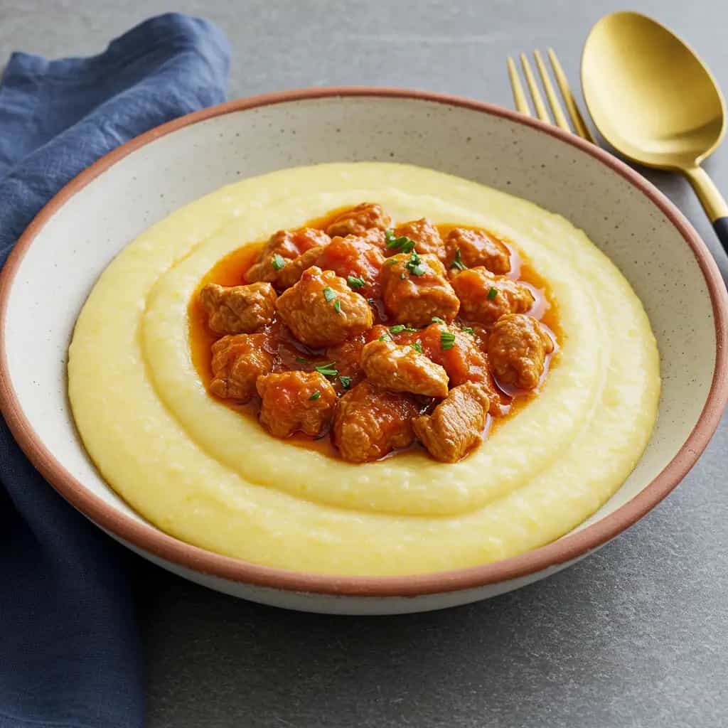 Angu Cremoso com Molho de Frango Caipira