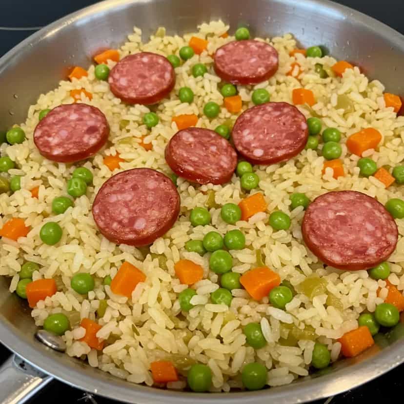Foto deliciosa de Arroz com Calabresa e Cenoura pronta para servir - Pratos Brasileiros Icônicos