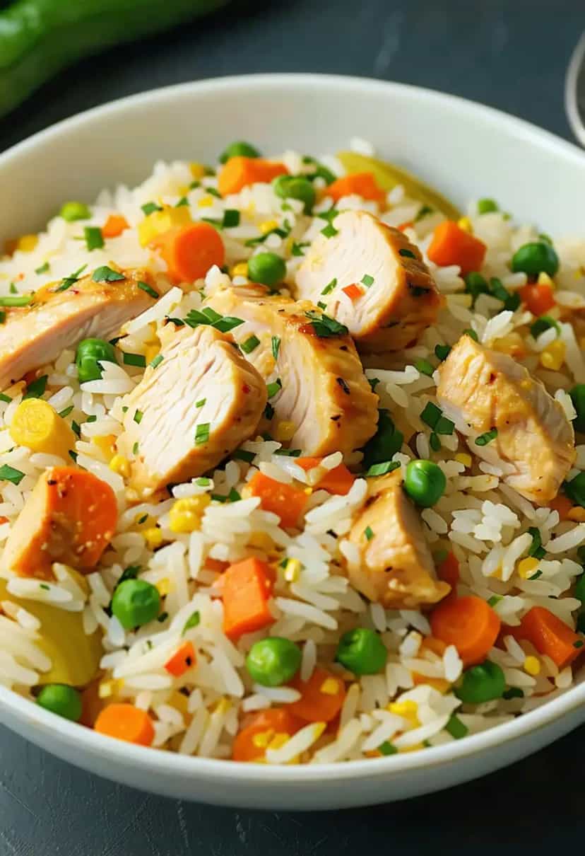 Foto deliciosa de Arroz com Frango e Legumes pronta para servir - Almoço & Jantar