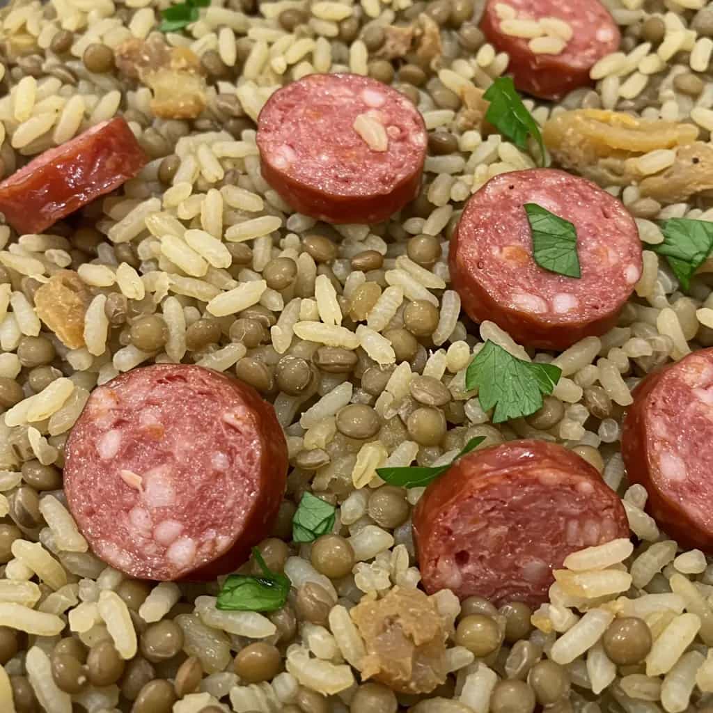 Arroz com Lentilha e Calabresa na Panela de Pressão