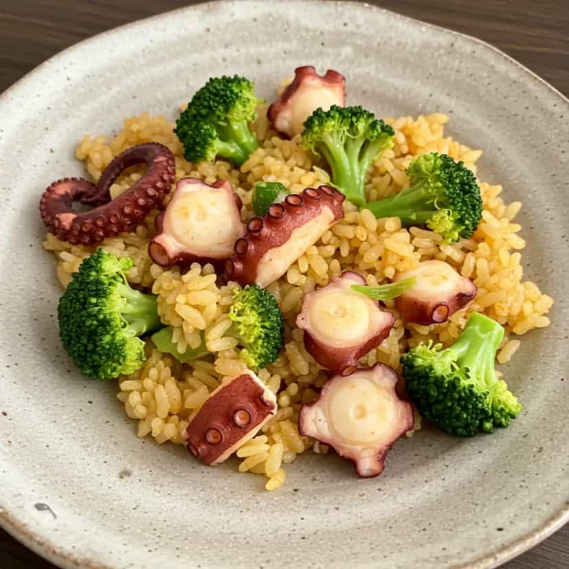 Foto deliciosa de Arroz com Polvo e Brócolis: Receita Deliciosa pronta para servir - Peixes & Frutos do Mar