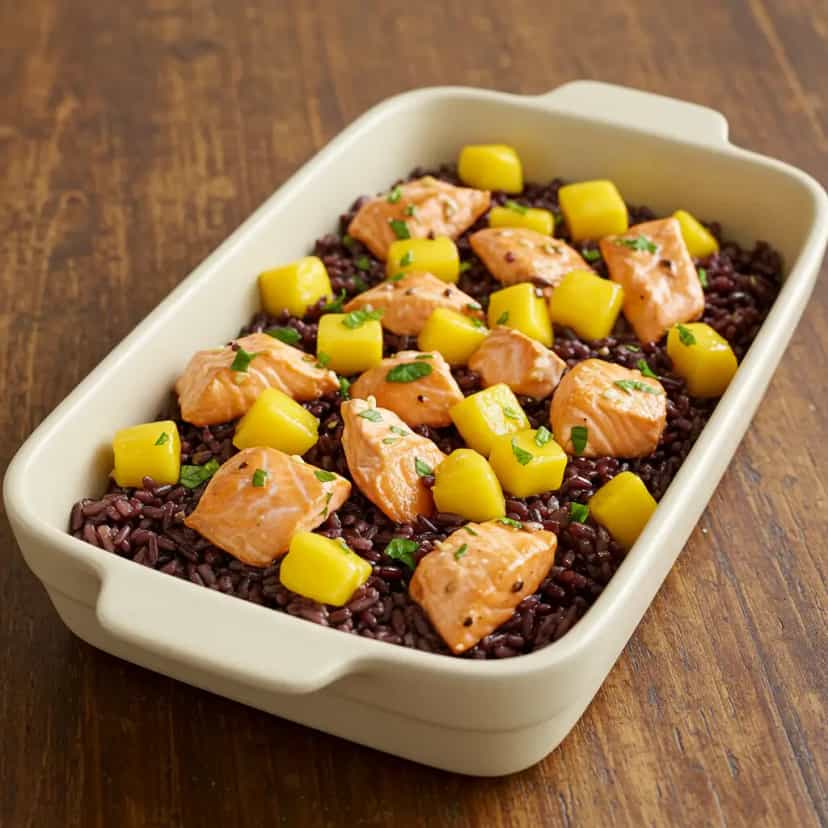 Foto deliciosa de Arroz Negro com Salmão e Manga: Um toque tropical pronta para servir - Peixes & Frutos do Mar