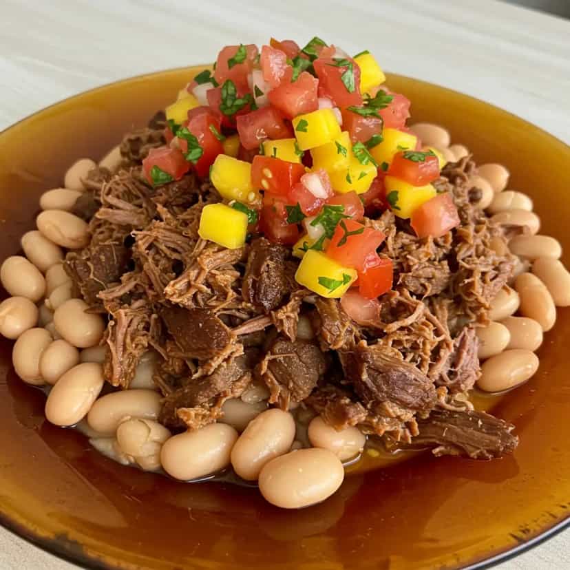 Foto deliciosa de Arrumadinho de Carne-Seca: Feijão Verde e Farofa Crocante pronta para servir - Pratos Brasileiros Icônicos