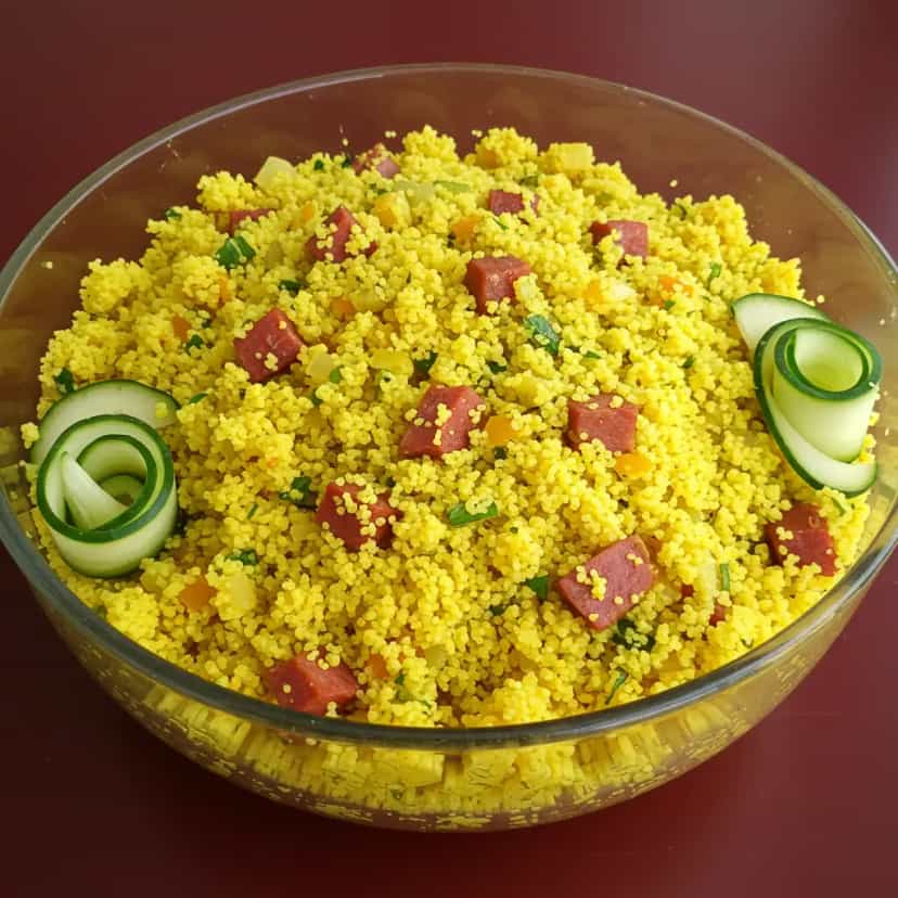 Foto deliciosa de Arrumadinho de Cuscuz Nordestino com Calabresa e Charque pronta para servir - Pratos Brasileiros Icônicos