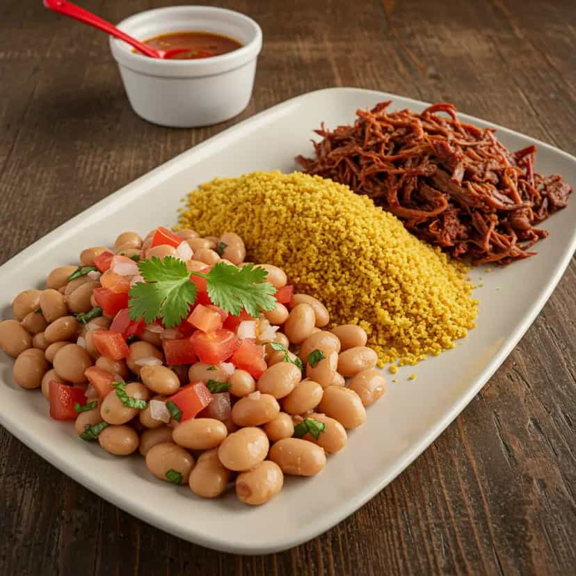 Foto deliciosa de Arrumadinho Nordestino: Feijão, Carne Seca e Farinha pronta para servir - Pratos Brasileiros Icônicos