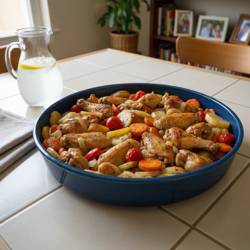 Asinhas de Frango Assadas com Batatas e Tomates