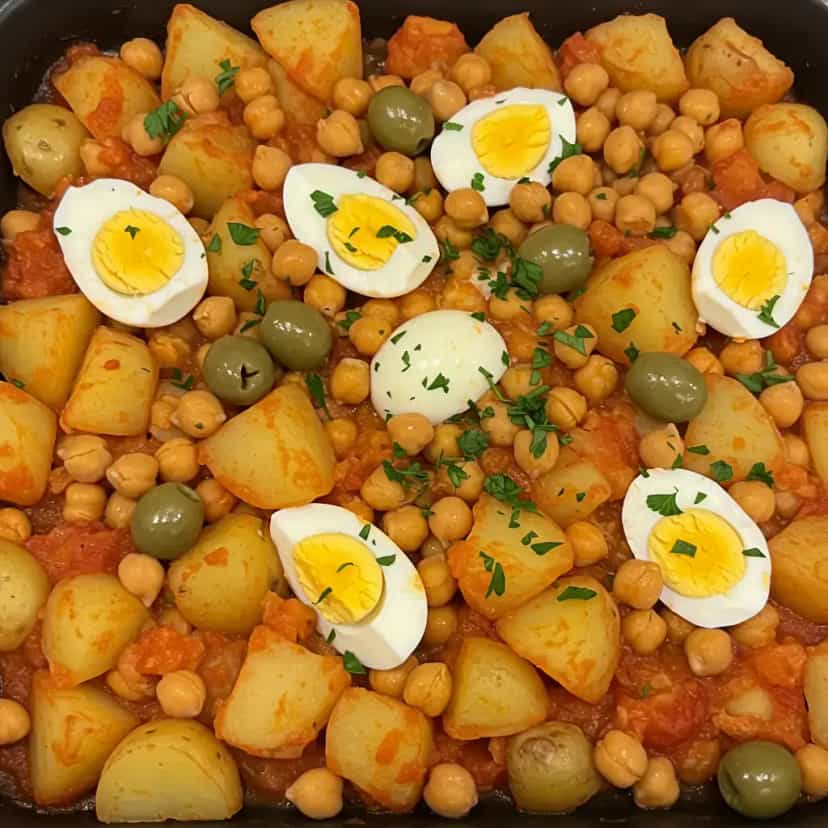 Foto deliciosa de Bacalhau com Grão-de-Bico e Batata ao Forno pronta para servir - Peixes & Frutos do Mar